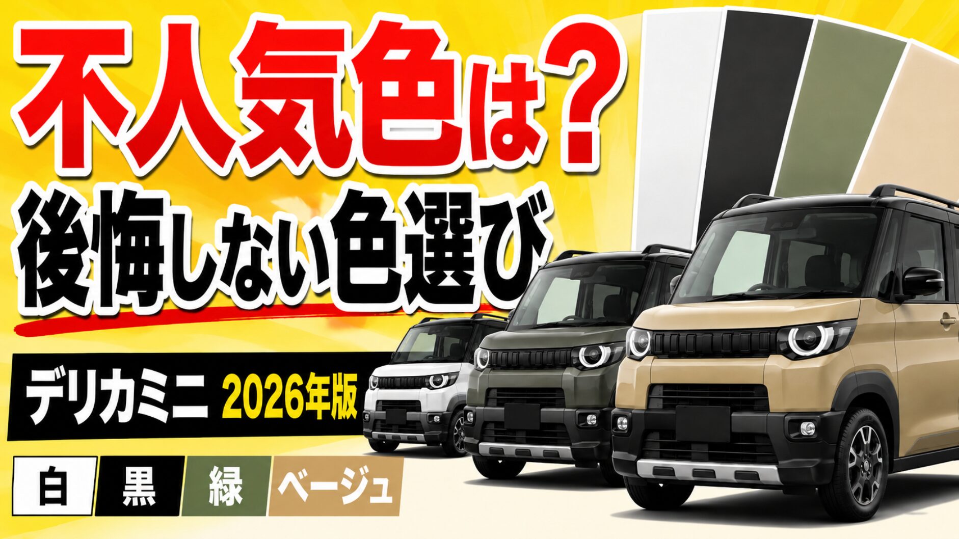 黄色の背景に「不人気色は？」「後悔しない色選び」の大きな文字と、白・黒・緑・ベージュの色見本、複数色のデリカミニを配置したアイキャッチ画像。