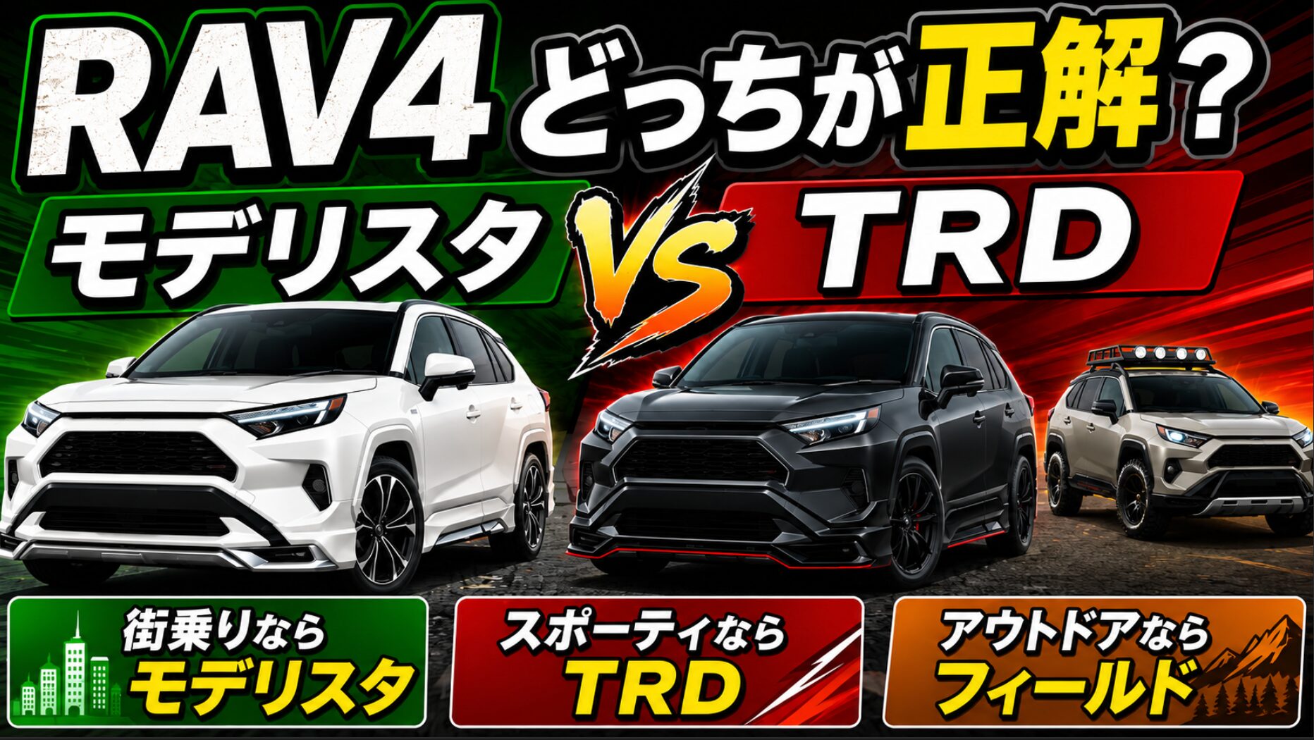 RAV4のモデリスタ、TRD、フィールド仕様を街乗り・スポーティ・アウトドアの用途別に比較するアイキャッチ画像。