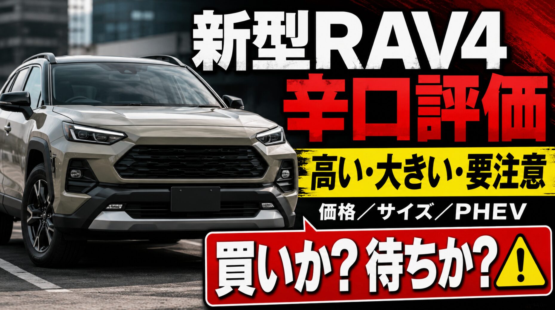 新型RAV4の車両イメージと「辛口評価」「高い・大きい・要注意」「買いか？待ちか？」の文字を配置し、価格、サイズ、PHEVの注意点を強調したアイキャッチ画像。