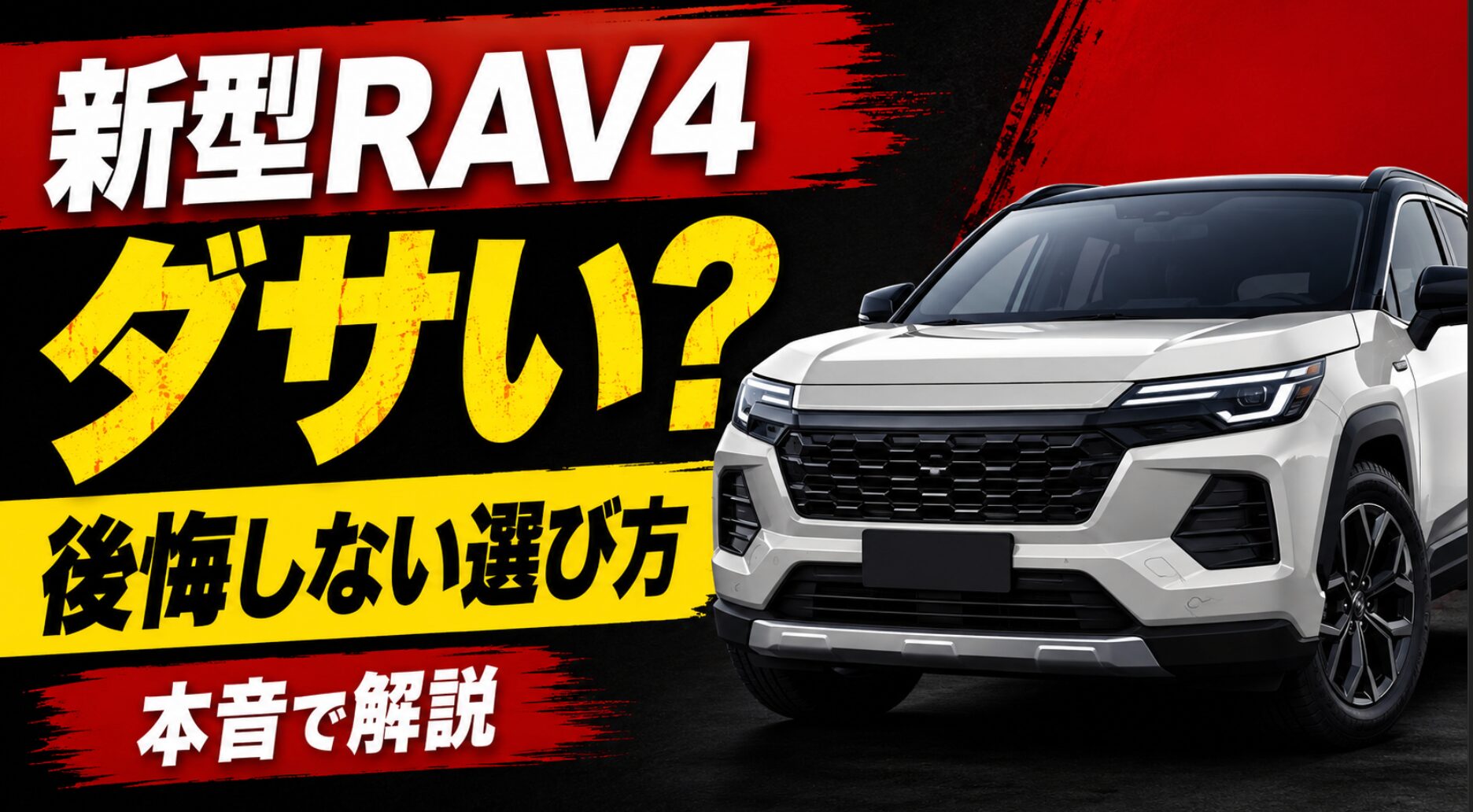 新型RAV4風のSUV外観と「ダサい？」「後悔しない選び方」の大きな文字を配置した記事アイキャッチ画像。