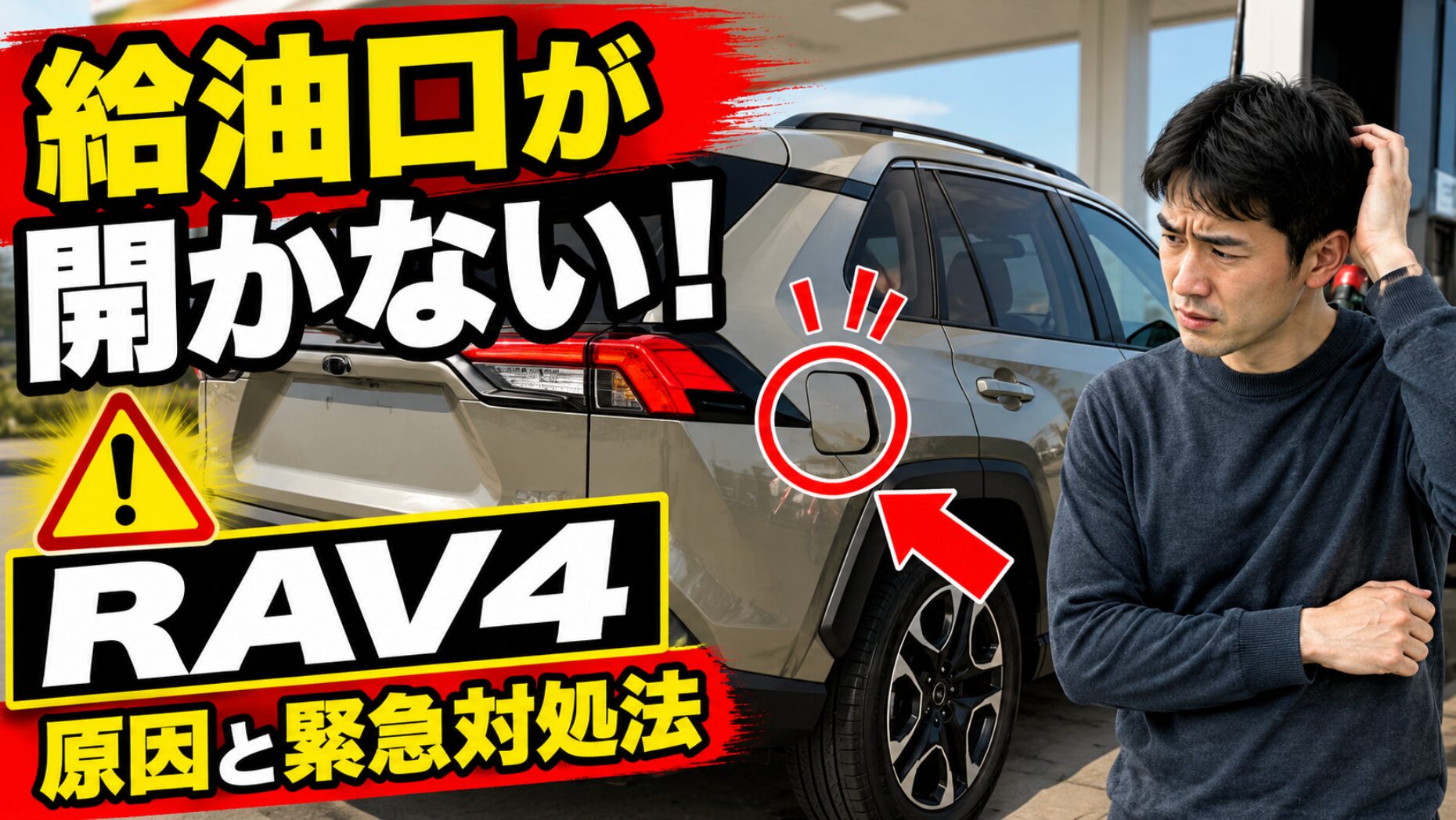 RAV4の給油口が開かず困っている男性と、給油口を指す矢印や警告マークで原因と緊急対処法を示すアイキャッチ画像。