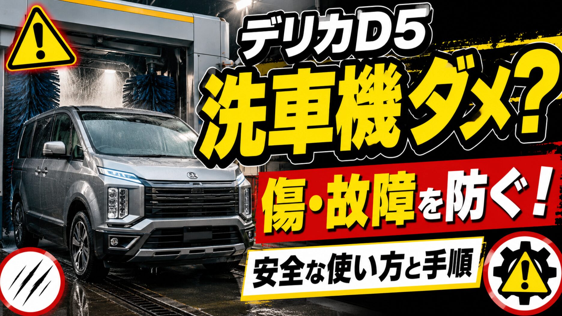 洗車機の前に停車したデリカD5風のミニバンと警告マークを配置し、洗車機利用時の傷や故障防止、安全な使い方と手順を伝えるアイキャッチ画像。