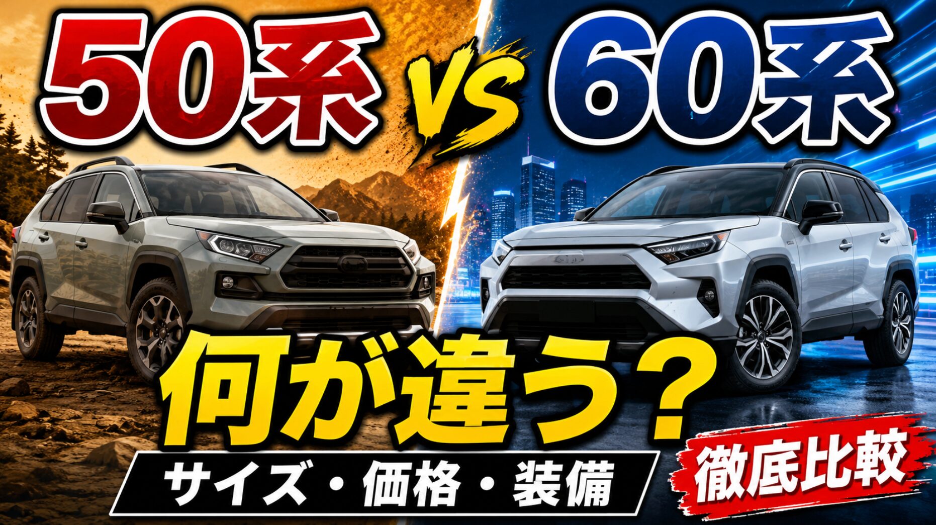 RAV4 50系と60系を並べ、サイズ・価格・装備の違いを大きな文字で比較しているアイキャッチ画像。