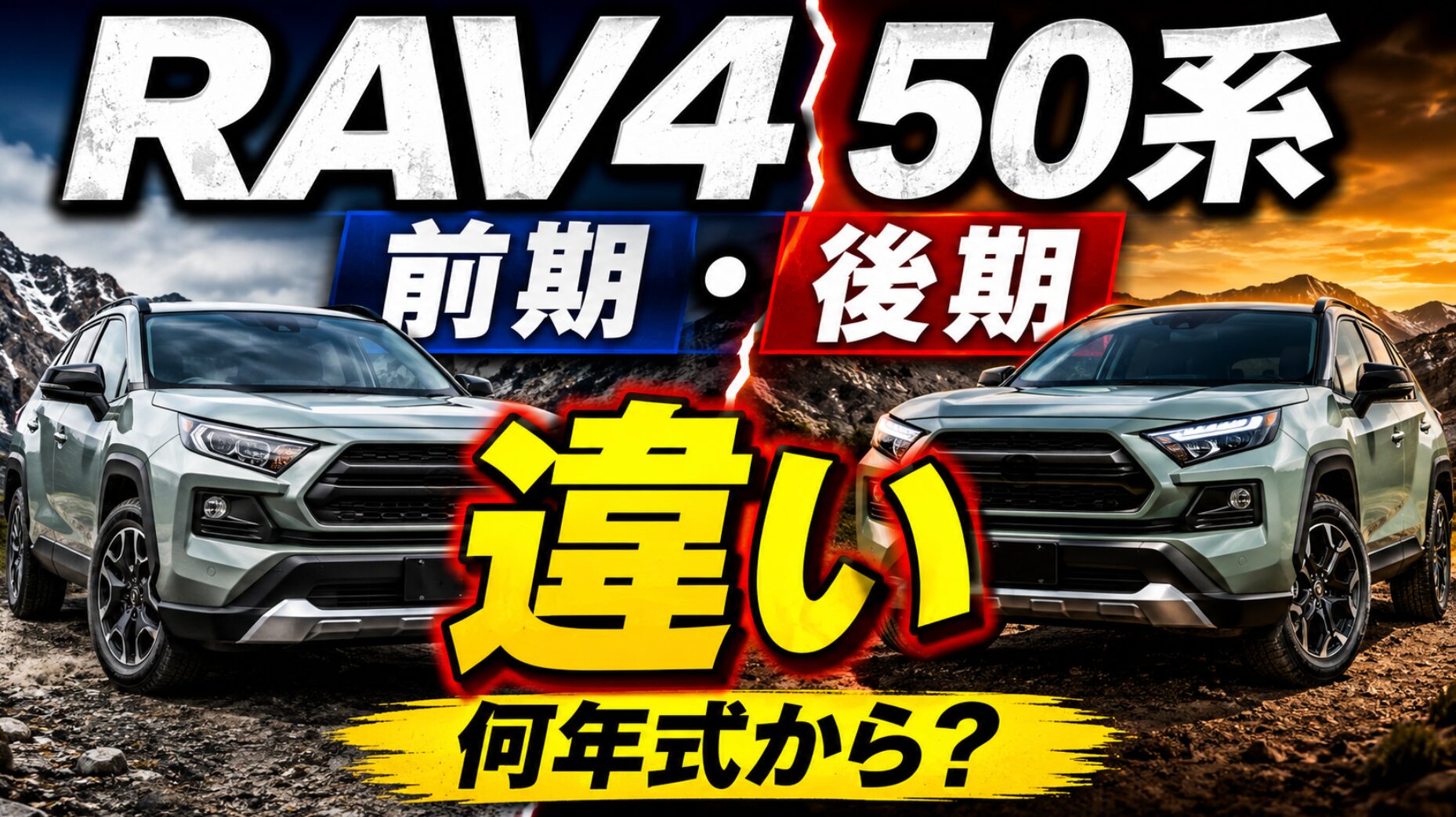 RAV4 50系の前期と後期を左右に並べ、違いと何年式からかを大きく強調したアイキャッチ画像。